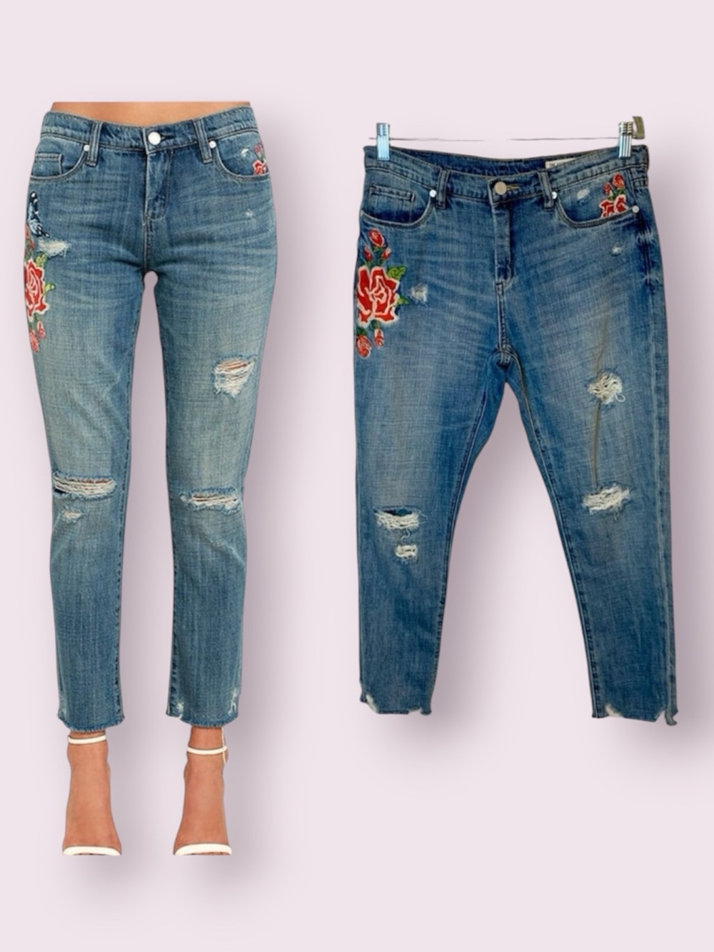 Blank NYC Crop Girlfriend Bobo Floral Embroidered Jeans Distressed Denim Blue 28